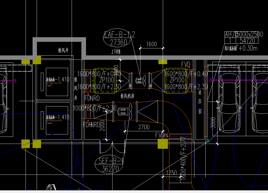 图纸如下,排风机房内三台风机都是采用螺杆吊装固定.